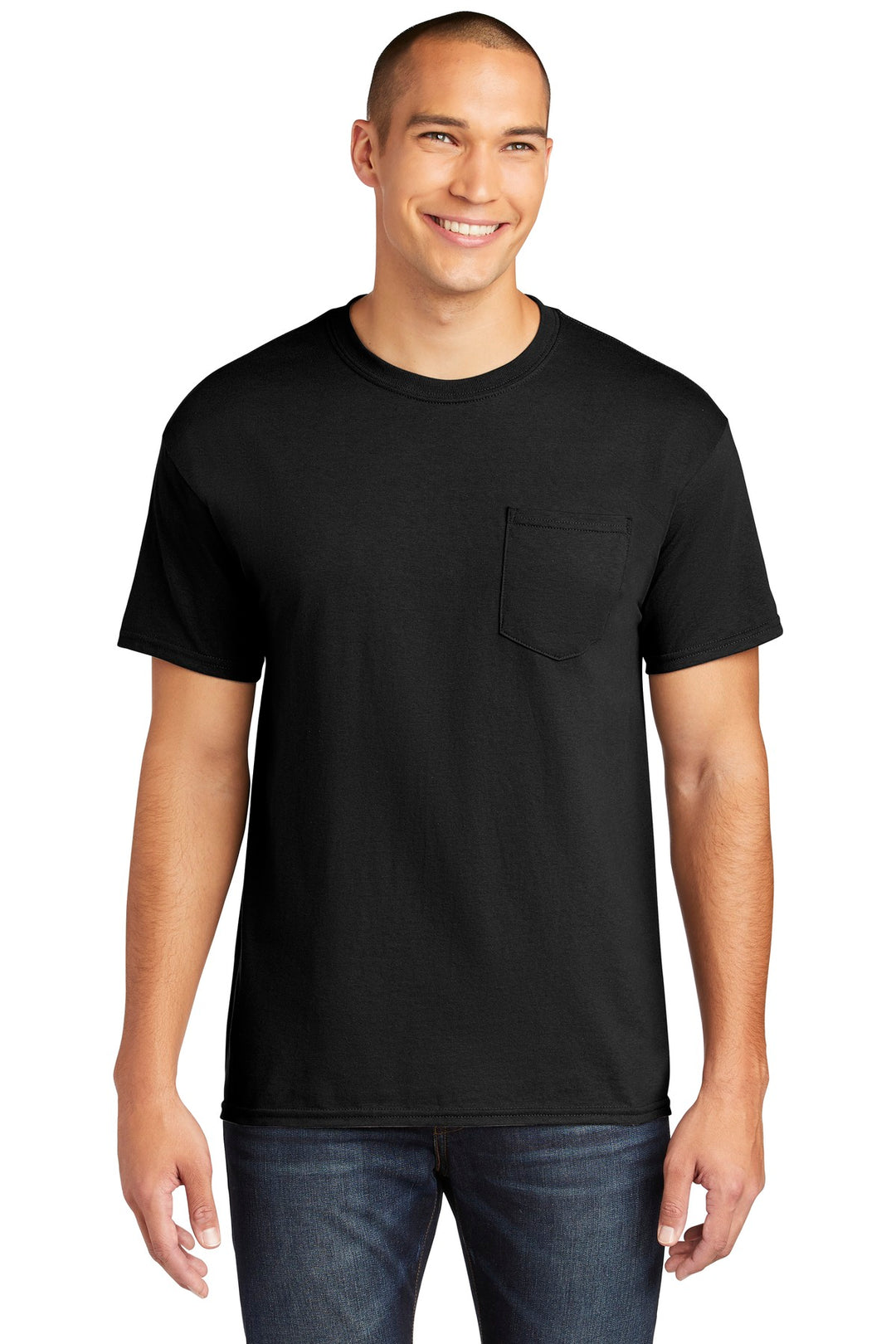Front View of Black Gildan Heavy Cotton 100% Cotton Pocket T-Shirt. 5300