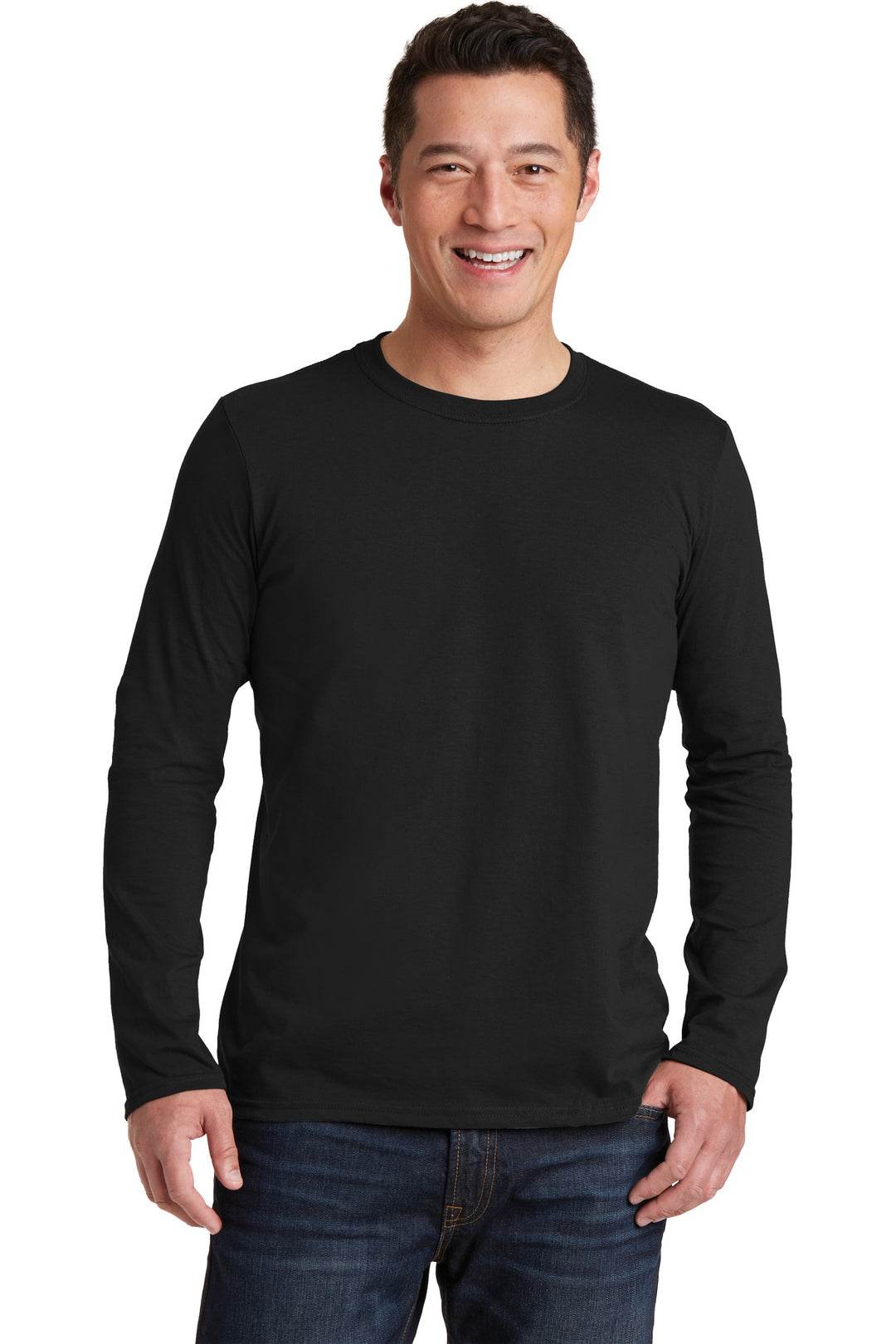 Front View of Black Gildan Softstyle Long Sleeve T-Shirt. 64400