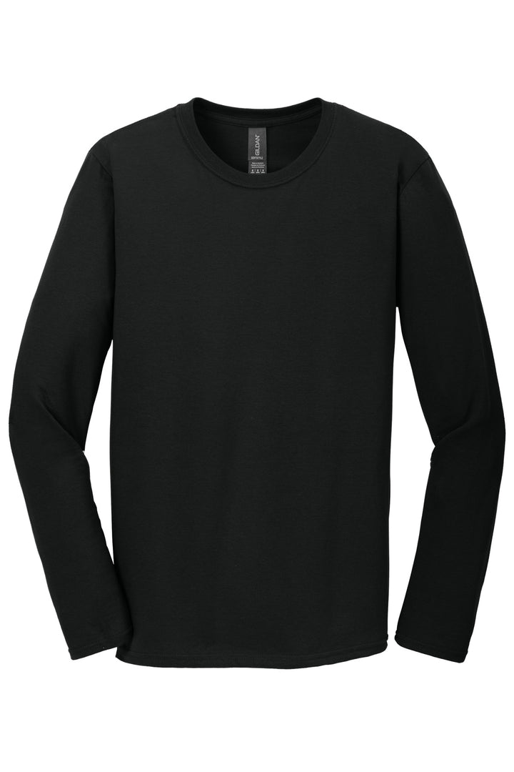 Front View of Black Gildan Softstyle Long Sleeve T-Shirt. 64400
