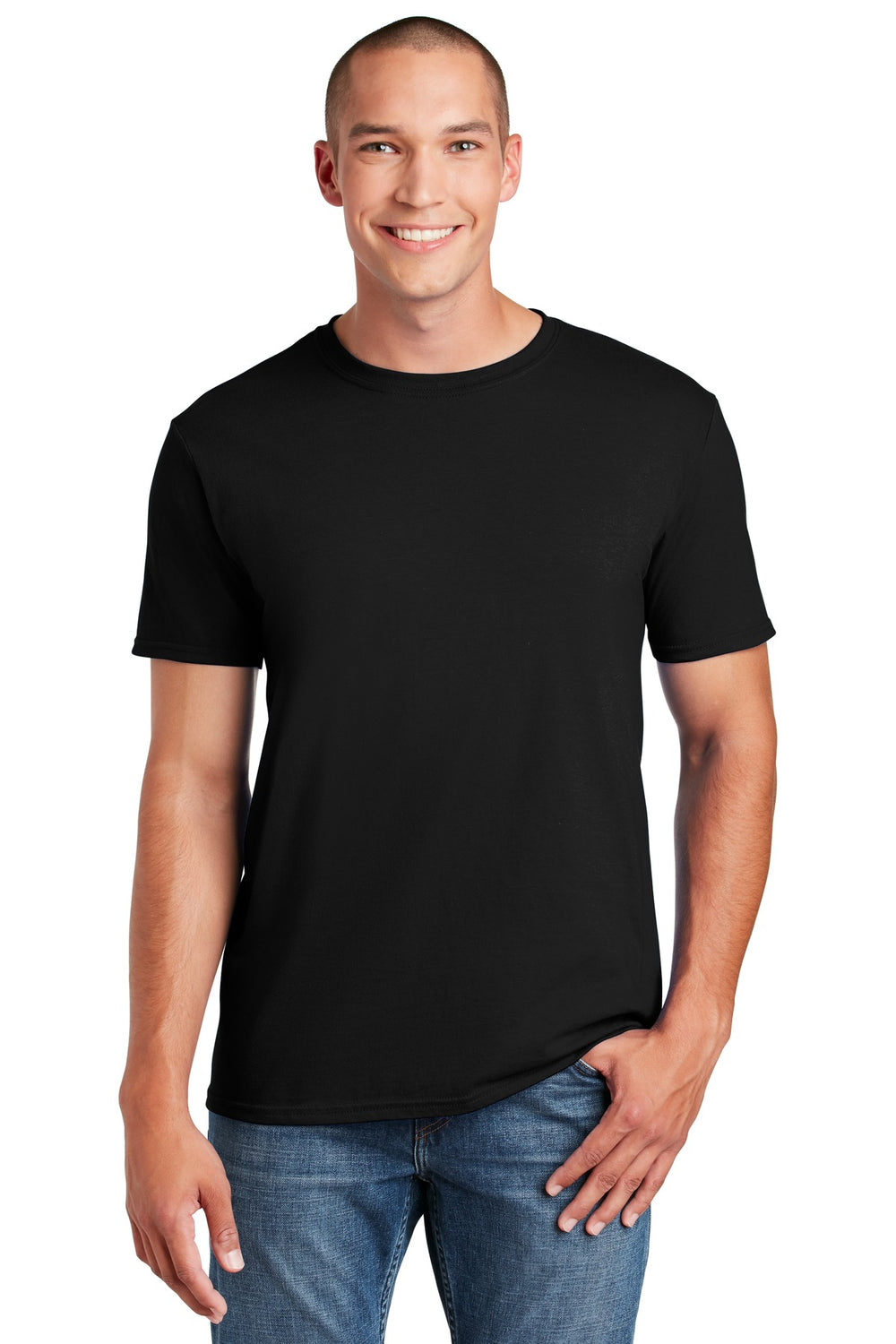 Front View of Black Gildan Softstyle T-Shirt. 64000