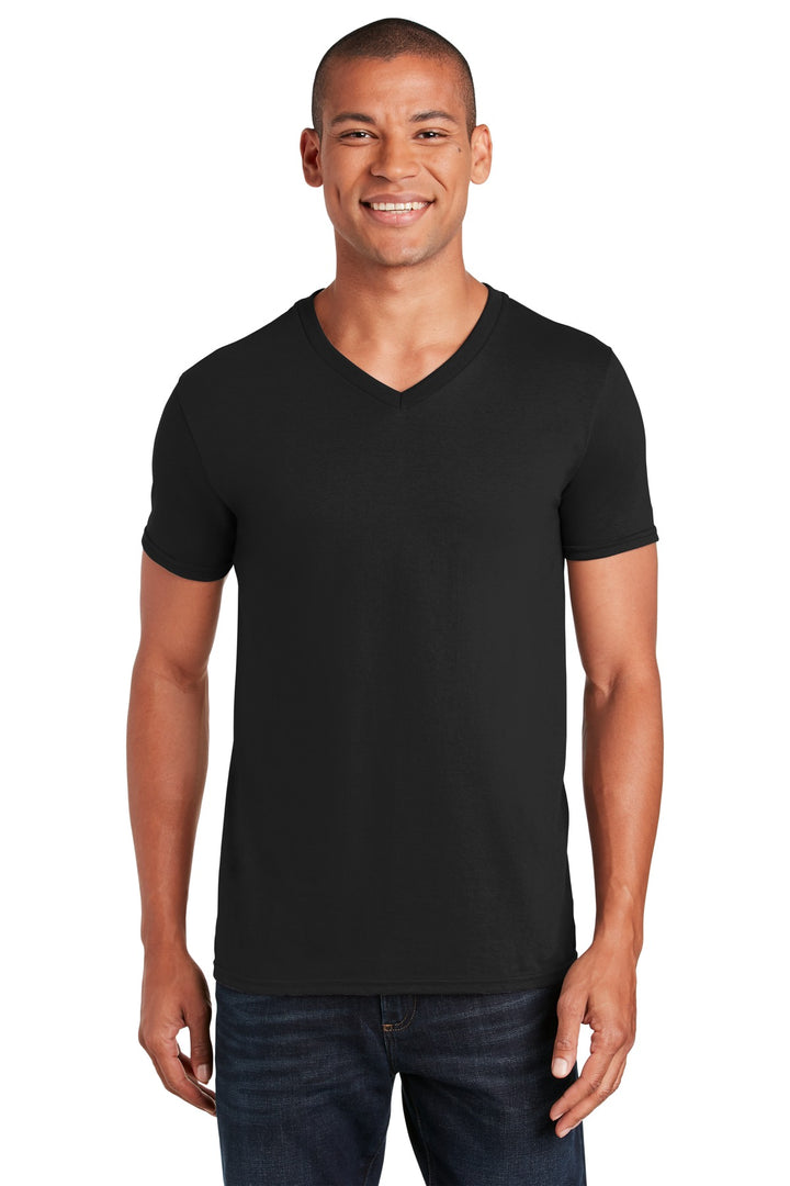 Front View of Black Gildan Softstyle V-Neck T-Shirt. 64V00