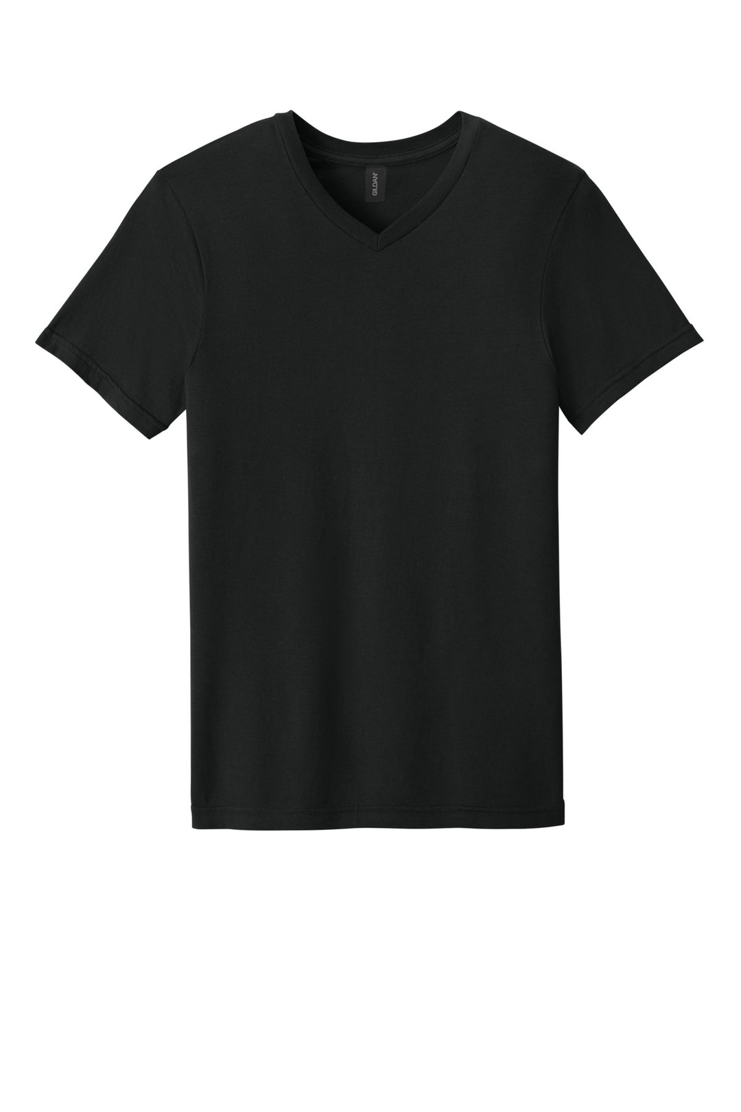 Front View of Black Gildan Softstyle V-Neck T-Shirt. 64V00