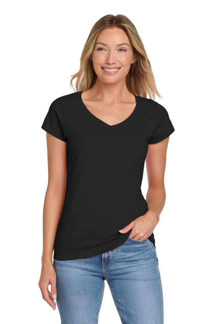 Front View of Black Gildan Softstyle Women's Fit V-Neck T-Shirt. 64V00L