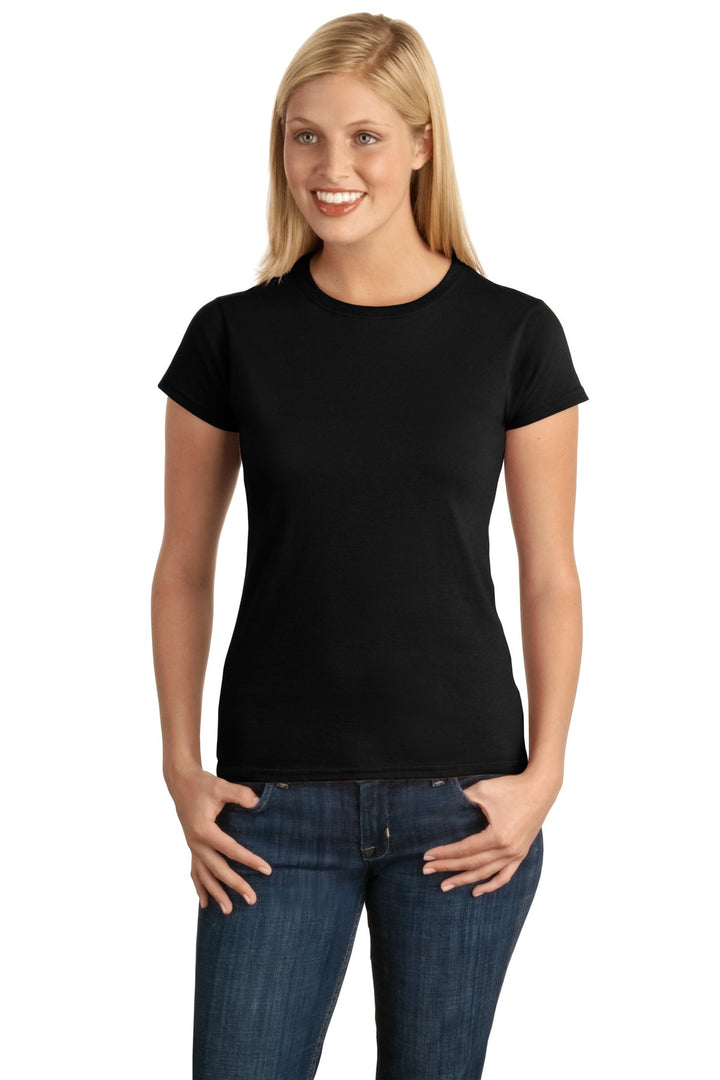 Front View of Black Gildan Softstyle Women's T-Shirt. 64000L