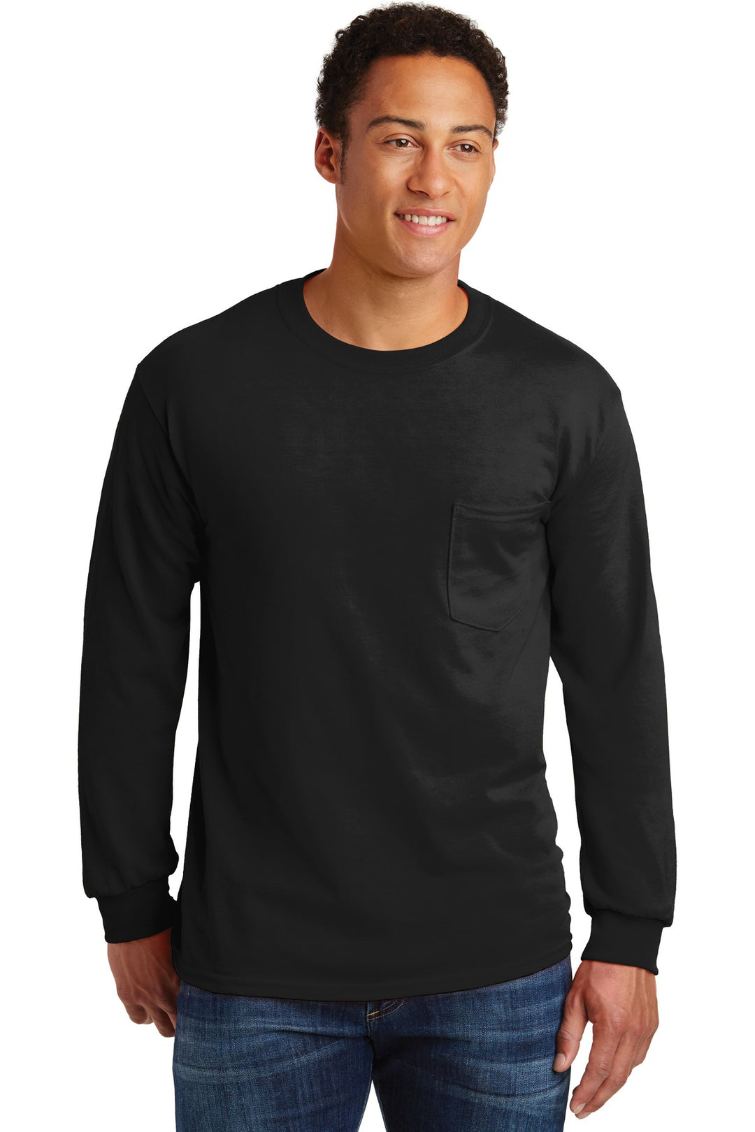 Front View of Black Gildan - Ultra Cotton 100% US Cotton Long Sleeve T-Shirt with Pocket. 2410