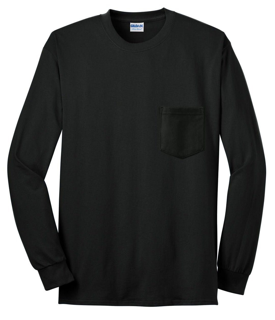 Front View of Black Gildan - Ultra Cotton 100% US Cotton Long Sleeve T-Shirt with Pocket. 2410