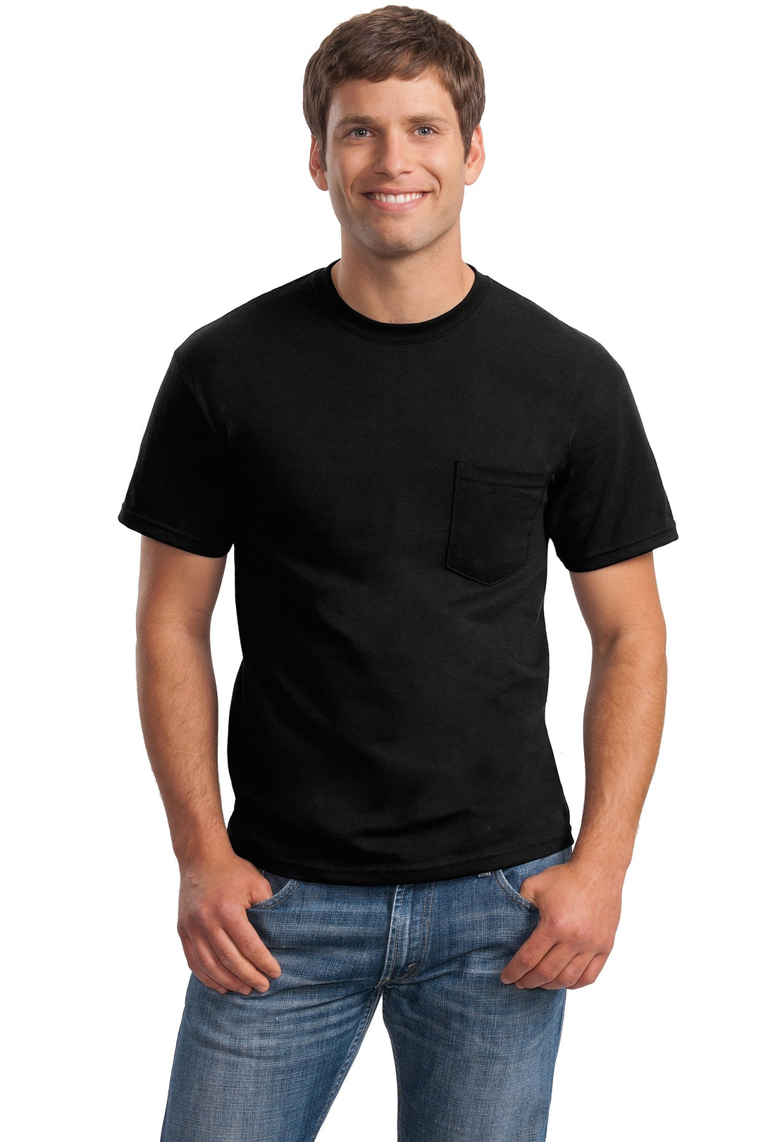 Front View of Black Gildan - Ultra Cotton 100% US Cotton T-Shirt with Pocket. 2300