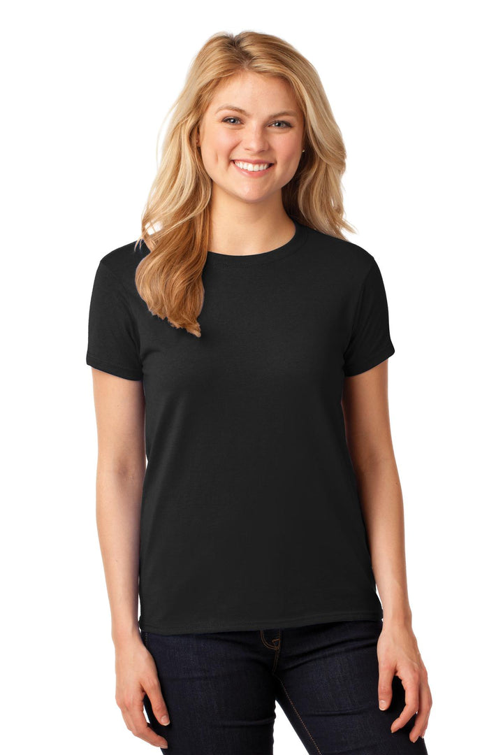 Front View of Black Gildan Women's Heavy Cotton 100% Cotton T-Shirt. 5000L