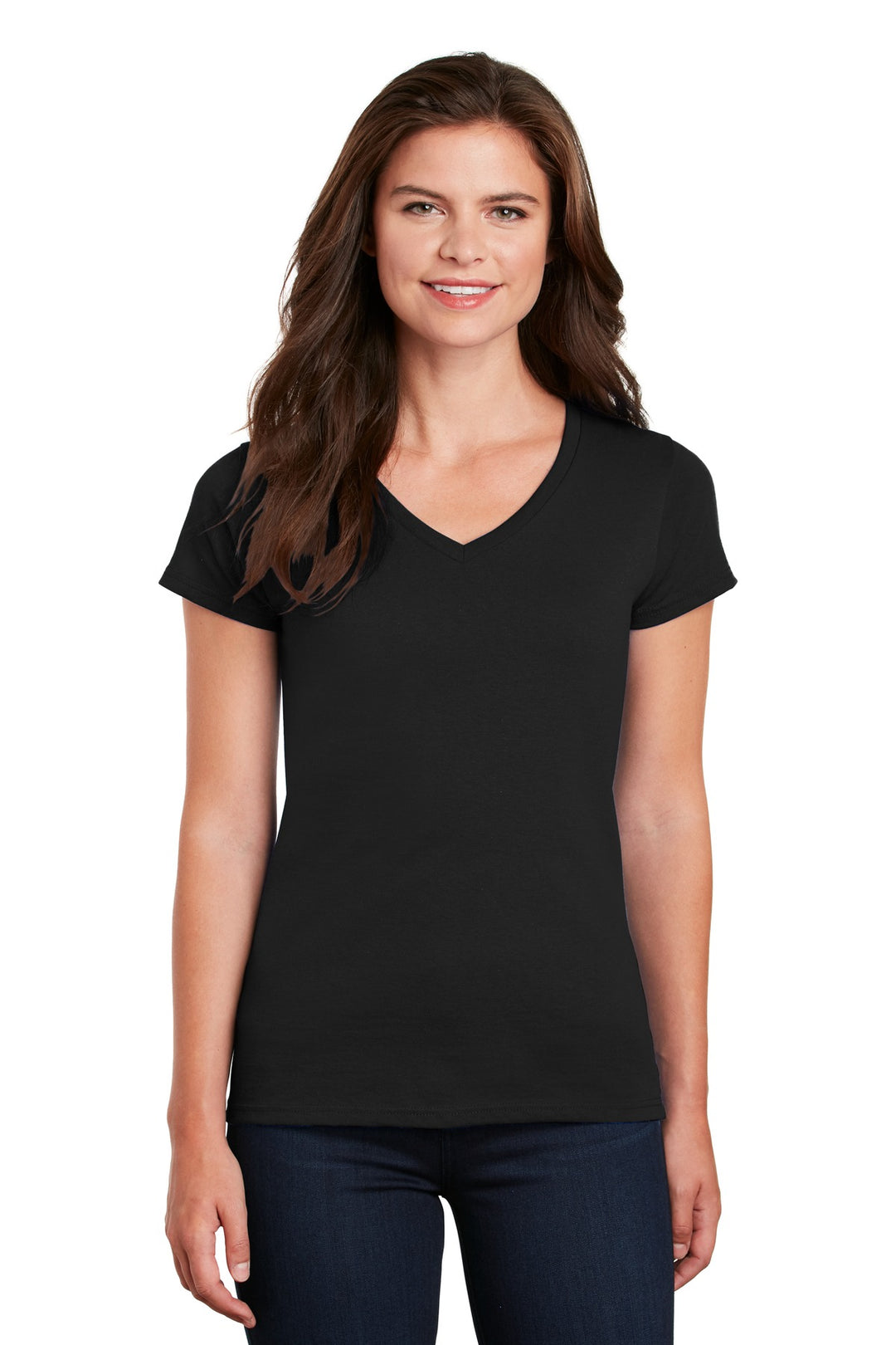 Front View of Black Gildan Women's Heavy Cotton 100% Cotton V-Neck T-Shirt. 5V00L