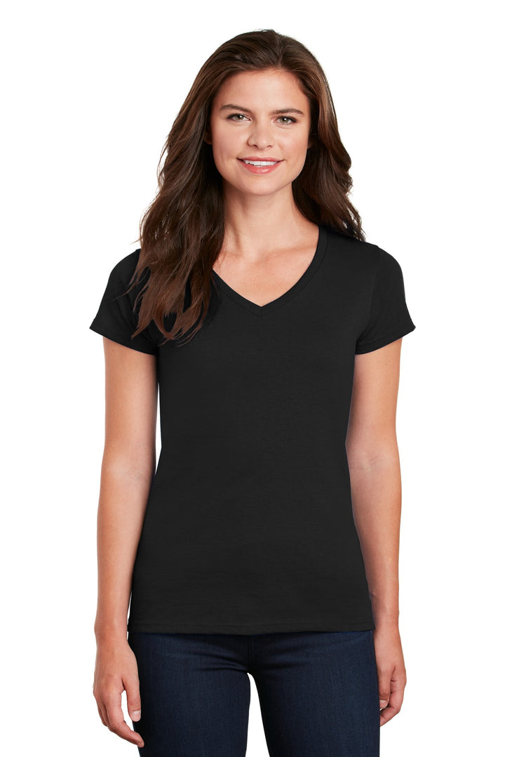 Front View of Black Gildan Women's Heavy Cotton 100% Cotton V-Neck T-Shirt. 5V00L