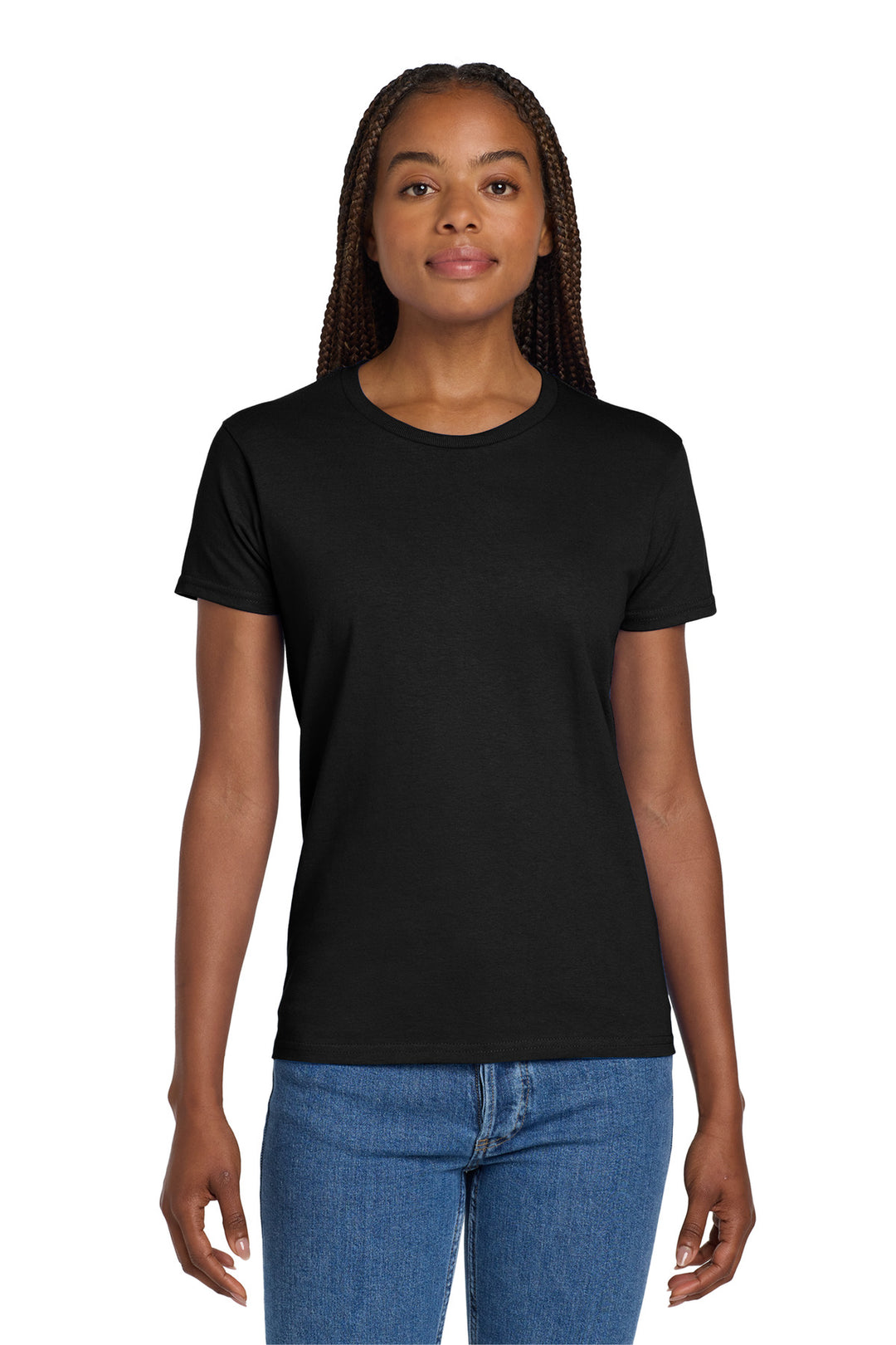 Front View of Black Gildan Women's Ultra Cotton 100% US Cotton T-Shirt. 2000L