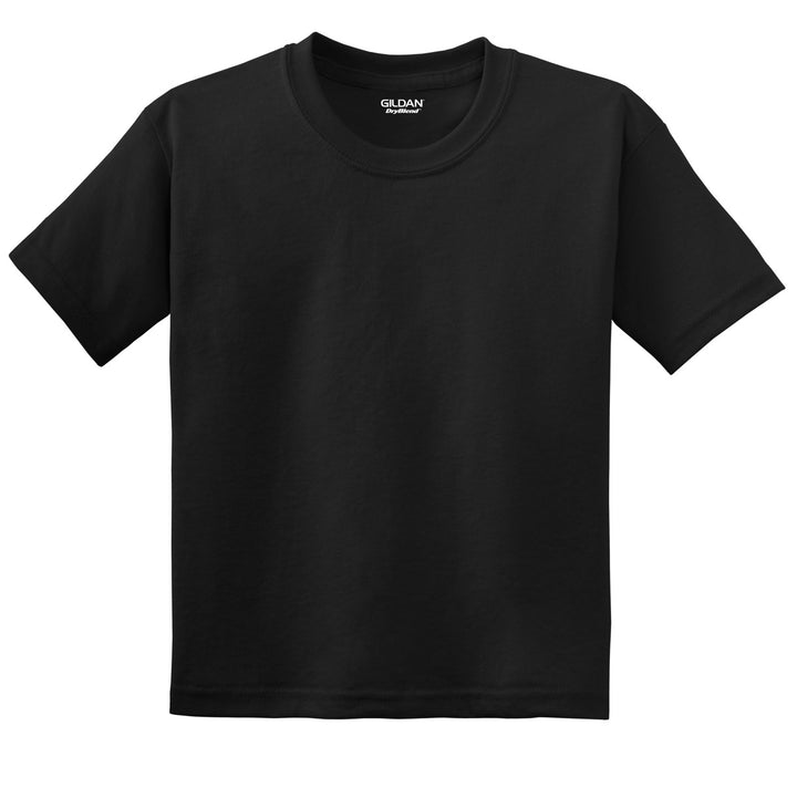 Front View of Black Gildan Youth DryBlend 50 Cotton/50 Poly T-Shirt. 8000B