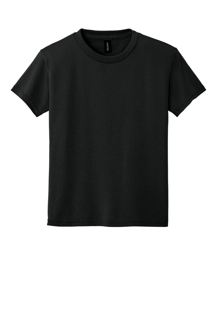 Front View of Black Gildan Youth DryBlend 50 Cotton/50 Poly T-Shirt. 8000B