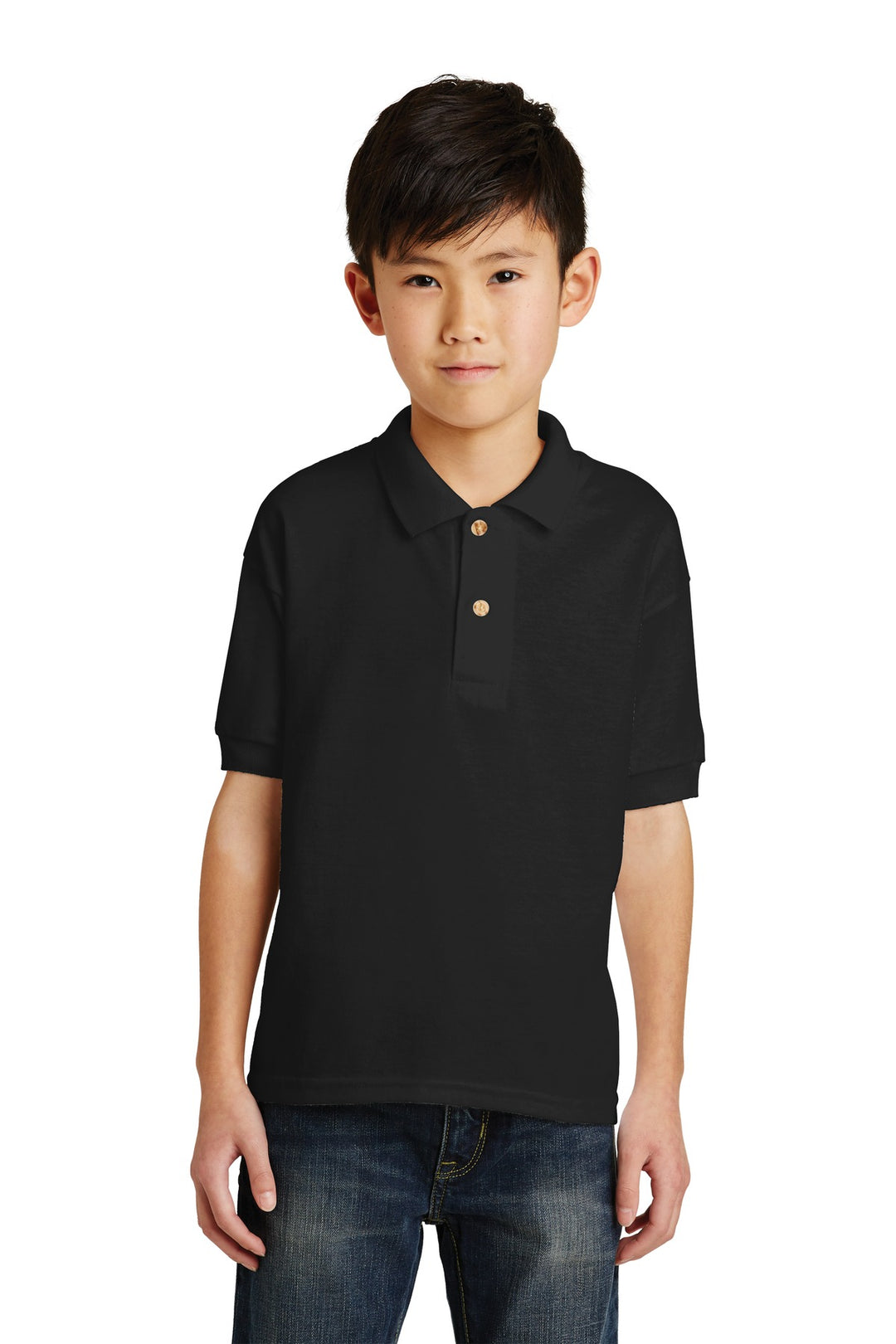 Front View of Black Gildan Youth DryBlend 6-Ounce Jersey Knit Sport Shirt. 8800B