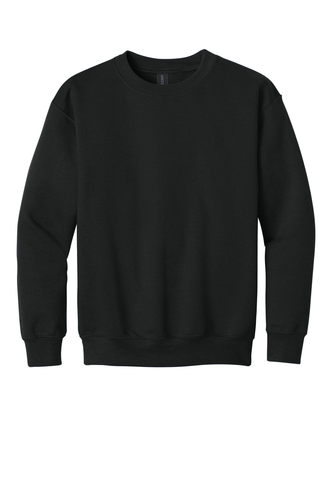 Front View of Black Gildan Youth Heavy Blend Crewneck Sweatshirt. 18000B