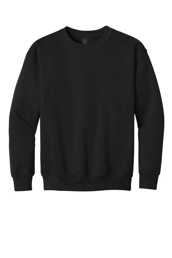 Front View of Black Gildan Youth Heavy Blend Crewneck Sweatshirt. 18000B