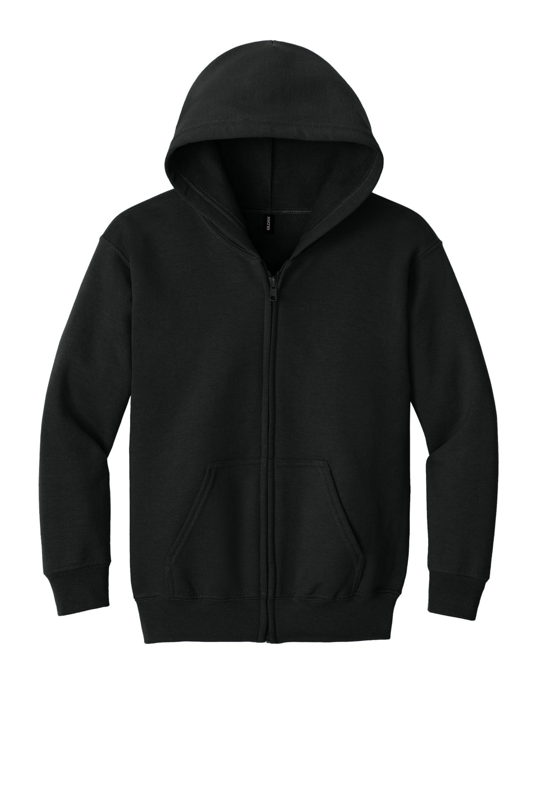 Front View of Black Gildan Youth Heavy Blend Full-Zip Hooded Sweatshirt. 18600B