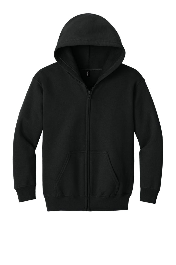 Front View of Black Gildan Youth Heavy Blend Full-Zip Hooded Sweatshirt. 18600B