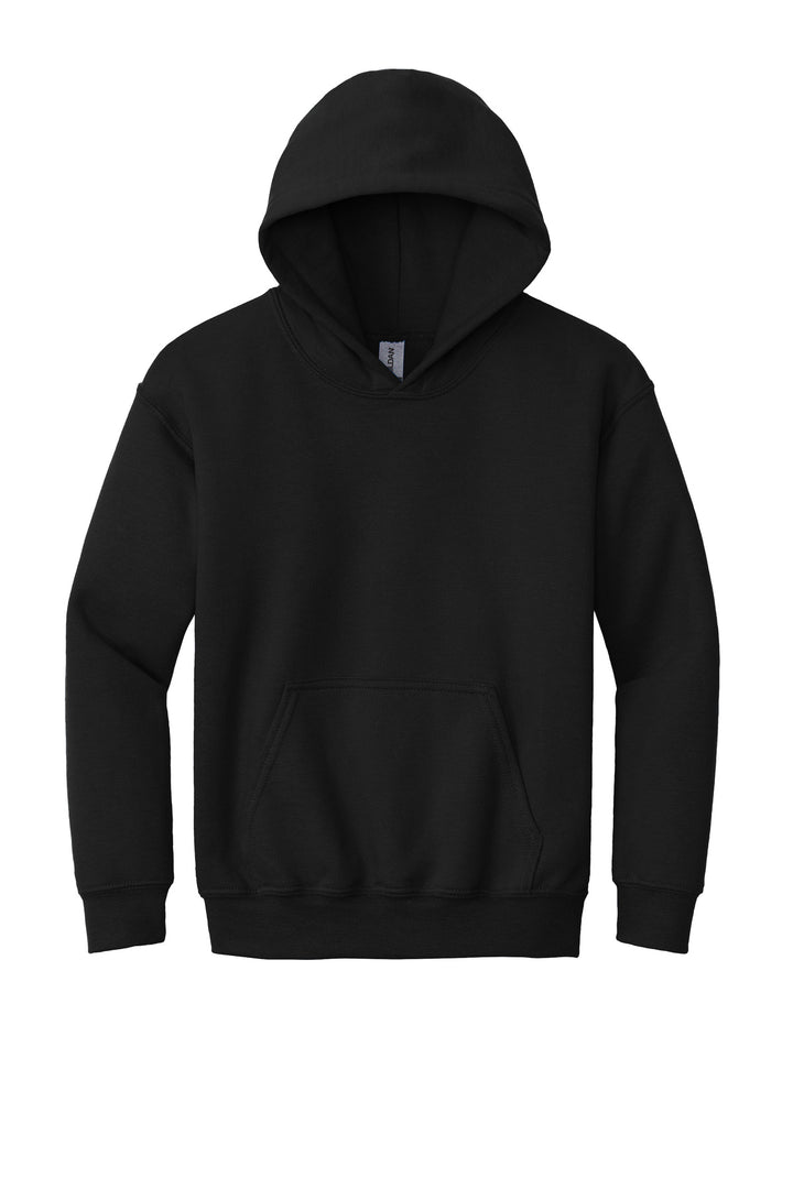 Front View of BLACK Gildan - Youth Heavy Blend Hooded Sweatshirt. 18500B