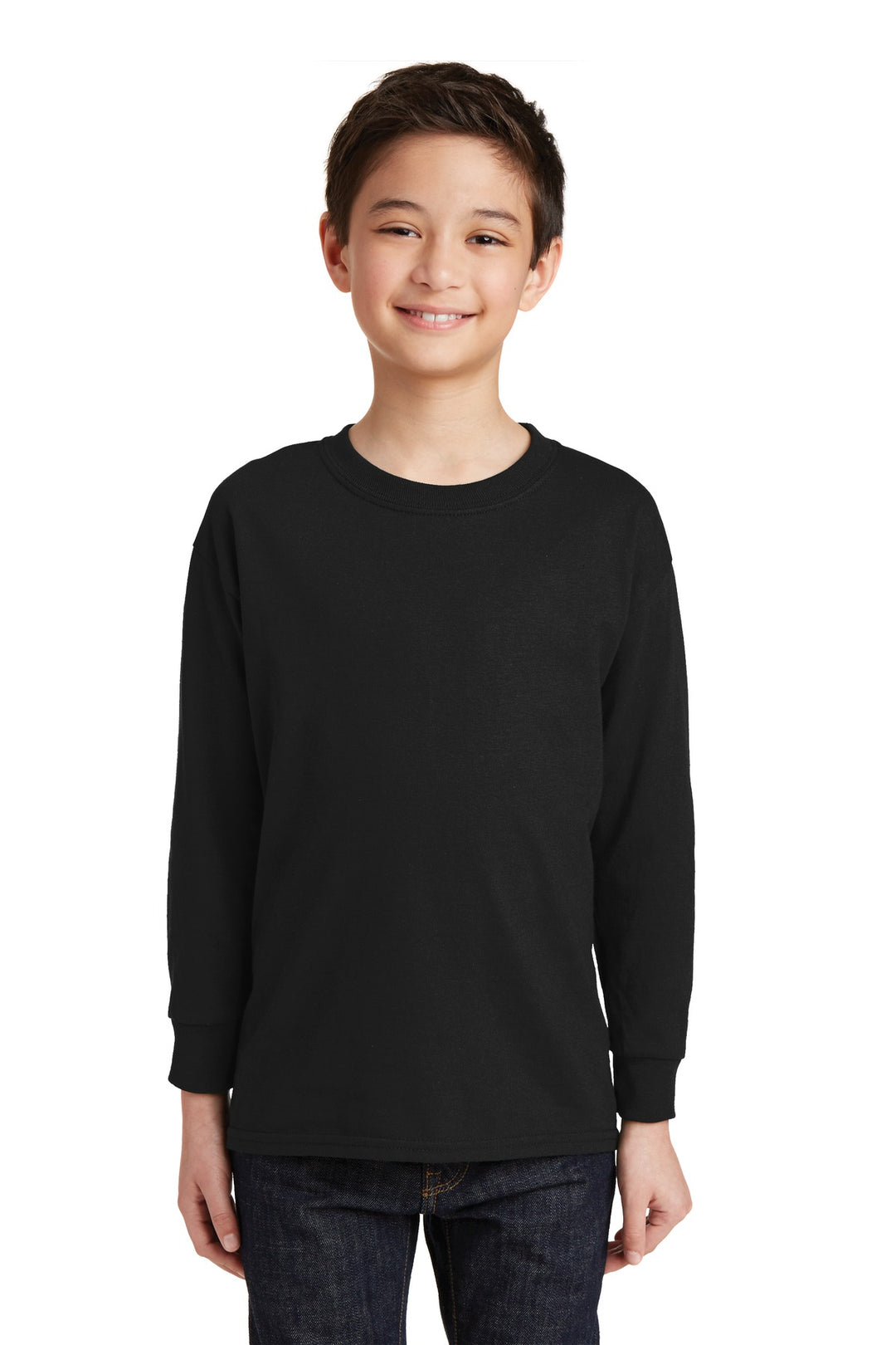 Front View of Black Gildan Youth Heavy Cotton 100% Cotton Long Sleeve T-Shirt. 5400B