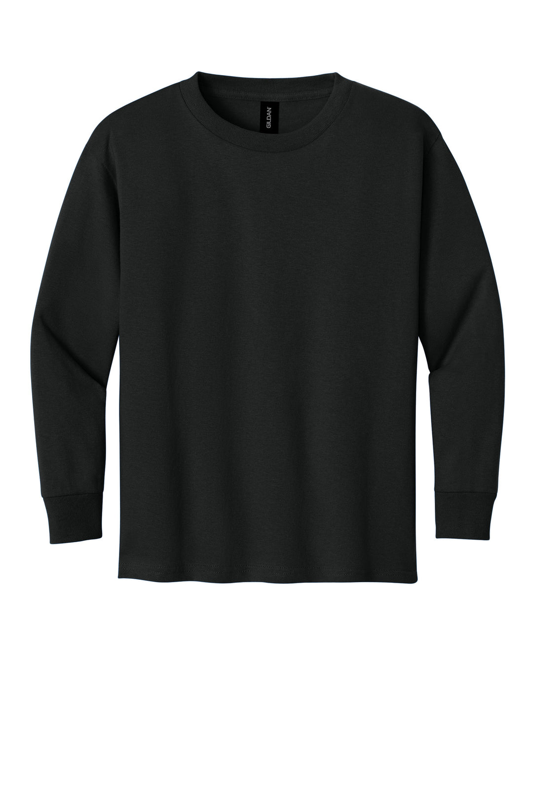 Front View of Black Gildan Youth Heavy Cotton 100% Cotton Long Sleeve T-Shirt. 5400B