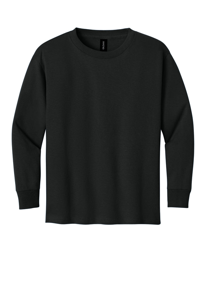 Front View of Black Gildan Youth Heavy Cotton 100% Cotton Long Sleeve T-Shirt. 5400B
