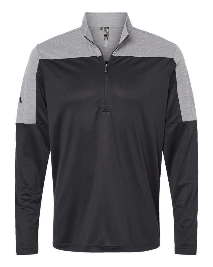 Front View of Black/ Grey Three Melange Lightweight Quarter-Zip Pullover - A552