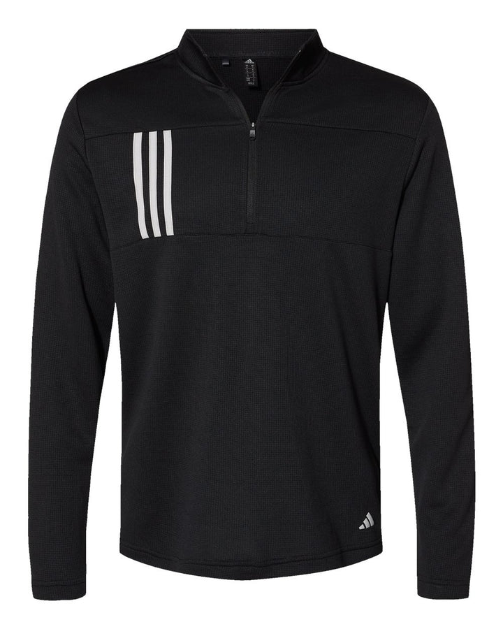 Front View of Black/ Grey Two 3-Stripes Double Knit Quarter-Zip Pullover - A482