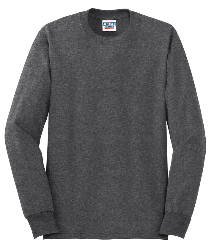 Front View of Black Heather Jerzees - Dri-Power 50/50 Cotton/Poly Long Sleeve T-Shirt. 29LS
