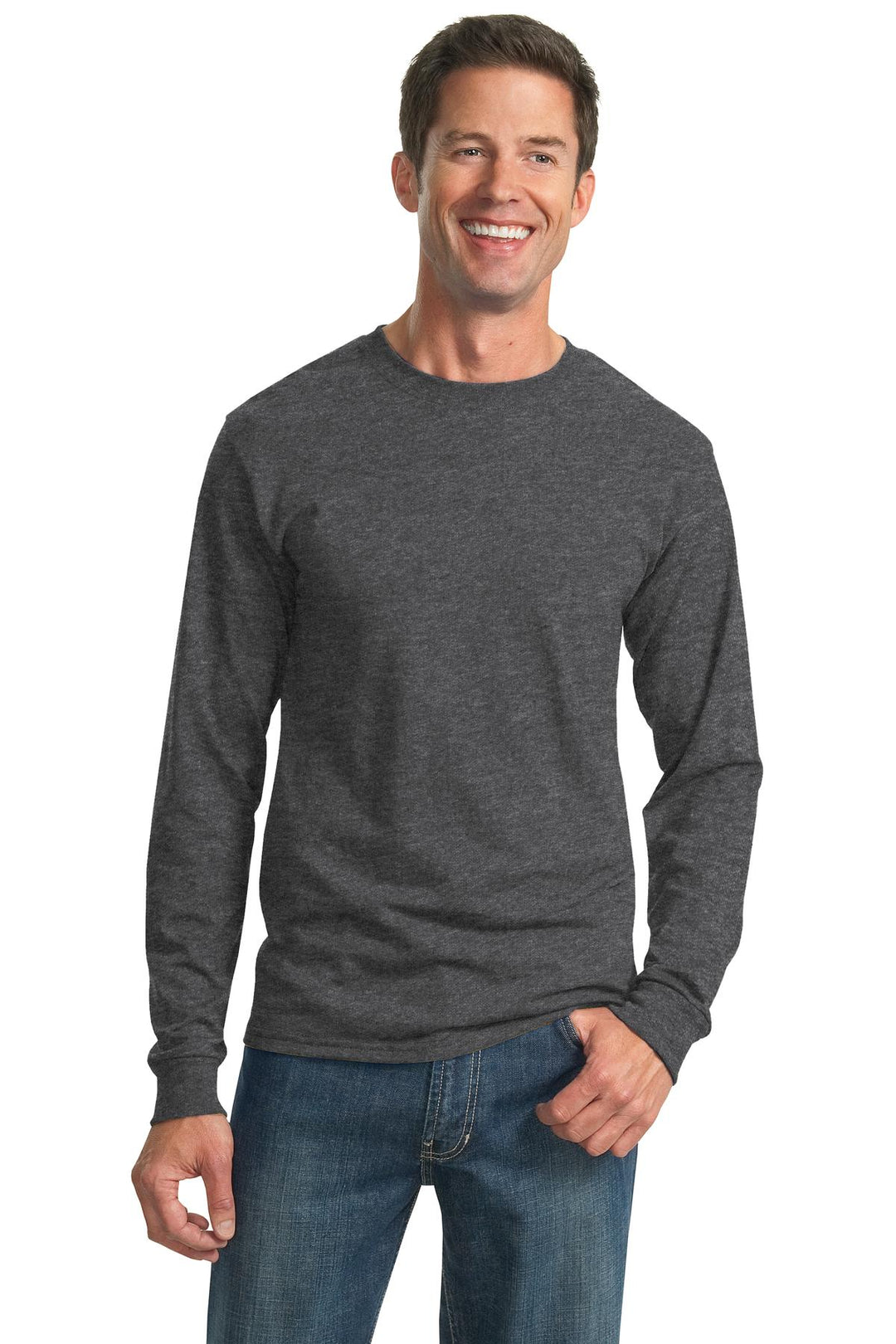 Front View of Black Heather Jerzees - Dri-Power 50/50 Cotton/Poly Long Sleeve T-Shirt. 29LS