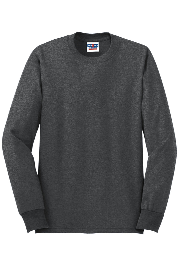 Front View of Black Heather Jerzees - Dri-Power 50/50 Cotton/Poly Long Sleeve T-Shirt. 29LS