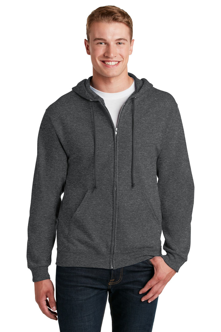 Front View of Black Heather Jerzees - NuBlend Full-Zip Hooded Sweatshirt. 993M