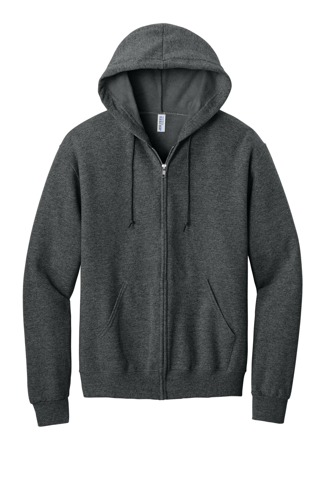 Front View of Black Heather Jerzees - NuBlend Full-Zip Hooded Sweatshirt. 993M