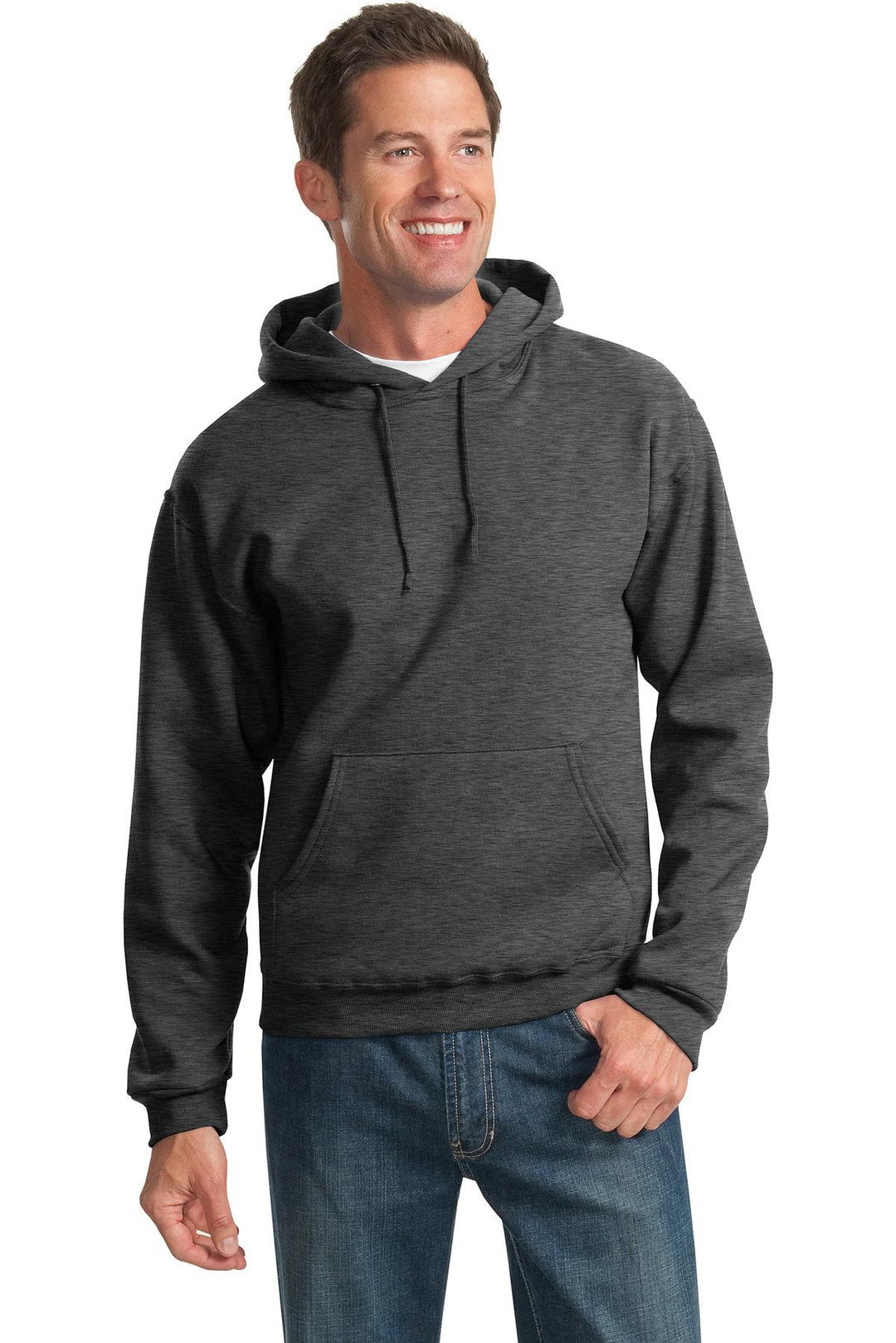 Front View of BLACK HEATHER Jerzees NuBlend Pullover Hooded Sweatshirt. 996M