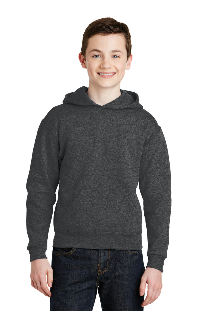 Front View of Black Heather Jerzees - Youth NuBlend Pullover Hooded Sweatshirt. 996Y