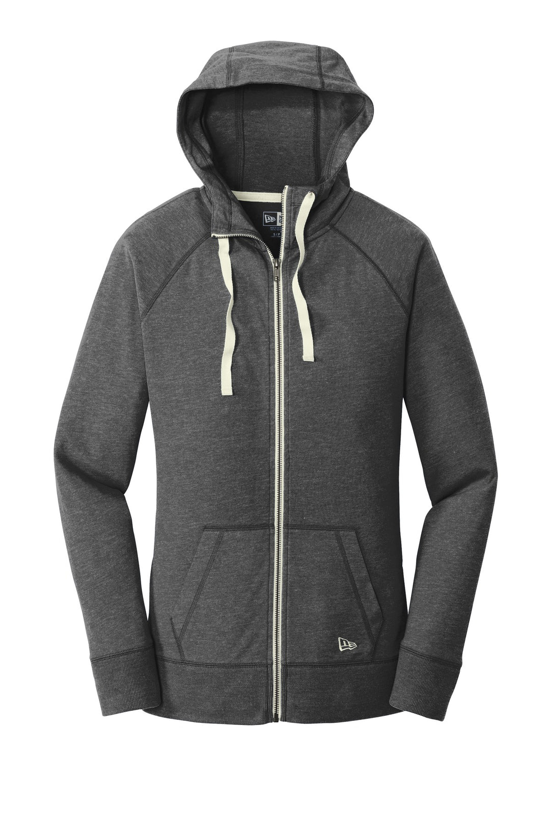 Front View of Black Heather New Era Women's Sueded Cotton Blend Full-Zip Hoodie. LNEA122