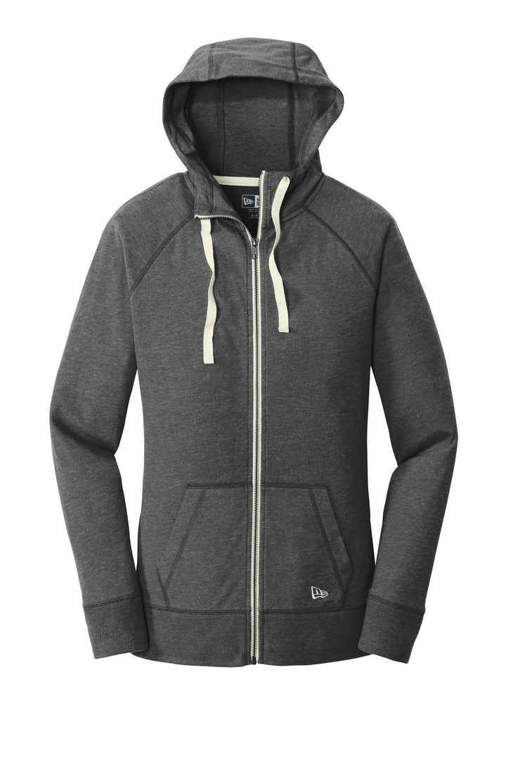 Front View of Black Heather New Era Women's Sueded Cotton Blend Full-Zip Hoodie. LNEA122
