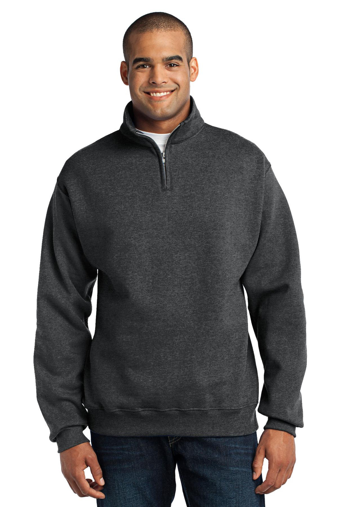 Front View of Black Hthr Jerzees - NuBlend 1/4-Zip Cadet Collar Sweatshirt. 995M