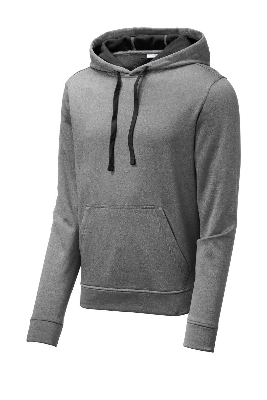 Front View of Black Hthr Sport-Tek PosiCharge Sport-Wick Heather Fleece Hooded Pullover. ST264