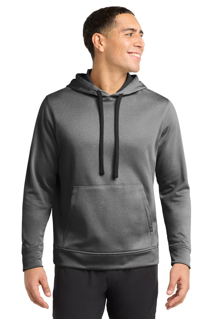 Front View of Black Hthr Sport-Tek PosiCharge Sport-Wick Heather Fleece Hooded Pullover. ST264