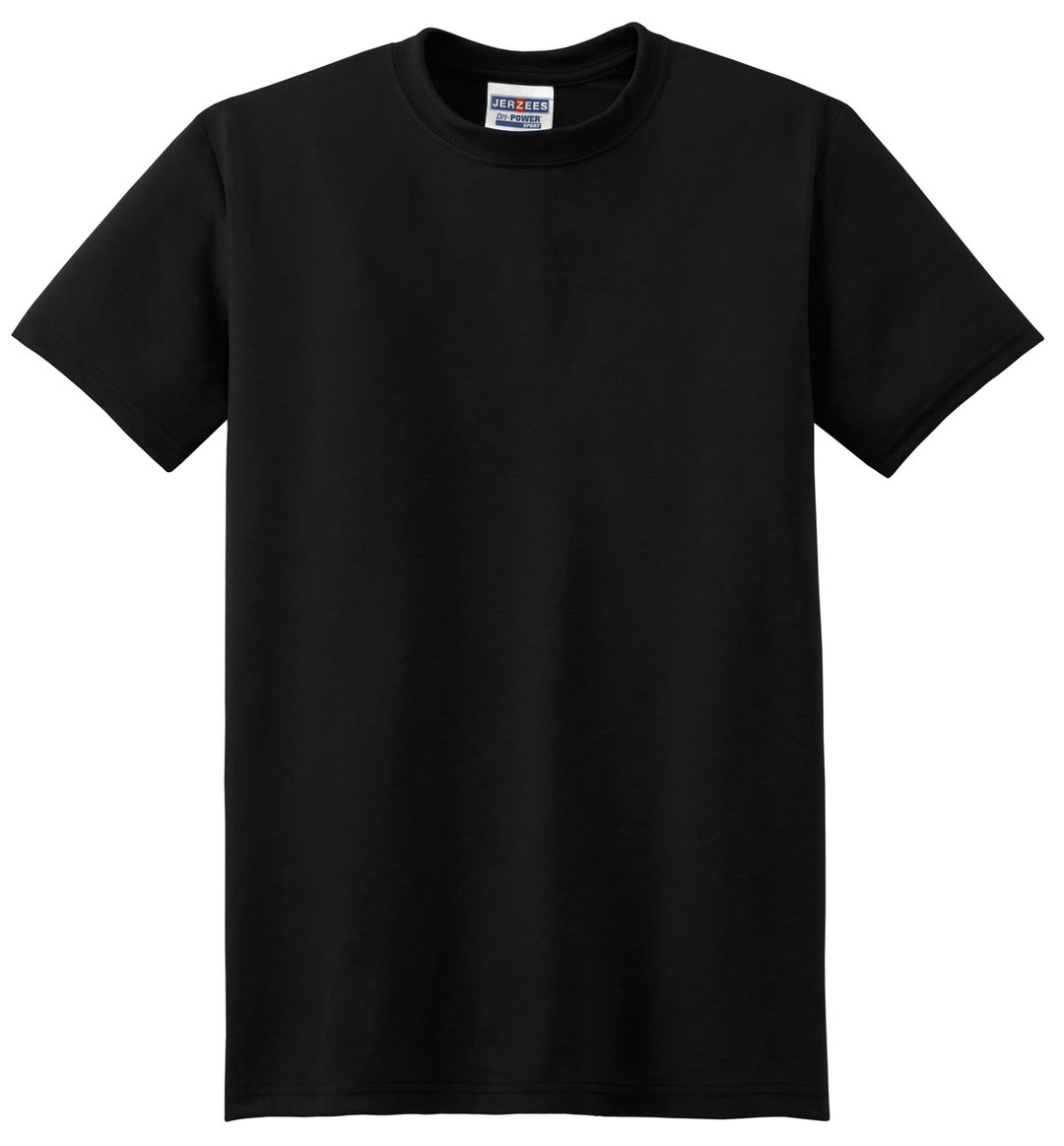 Front View of Black Jerzees Dri-Power 100% Polyester T-Shirt. 21M