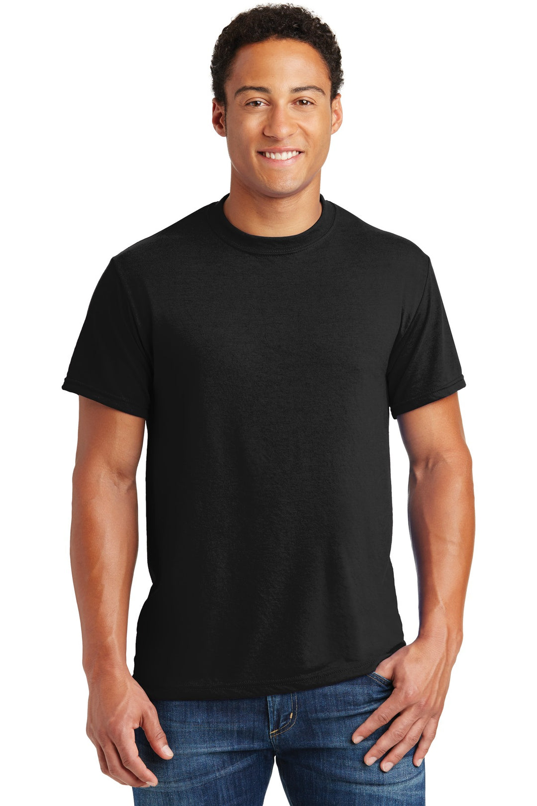 Front View of Black Jerzees Dri-Power 100% Polyester T-Shirt. 21M