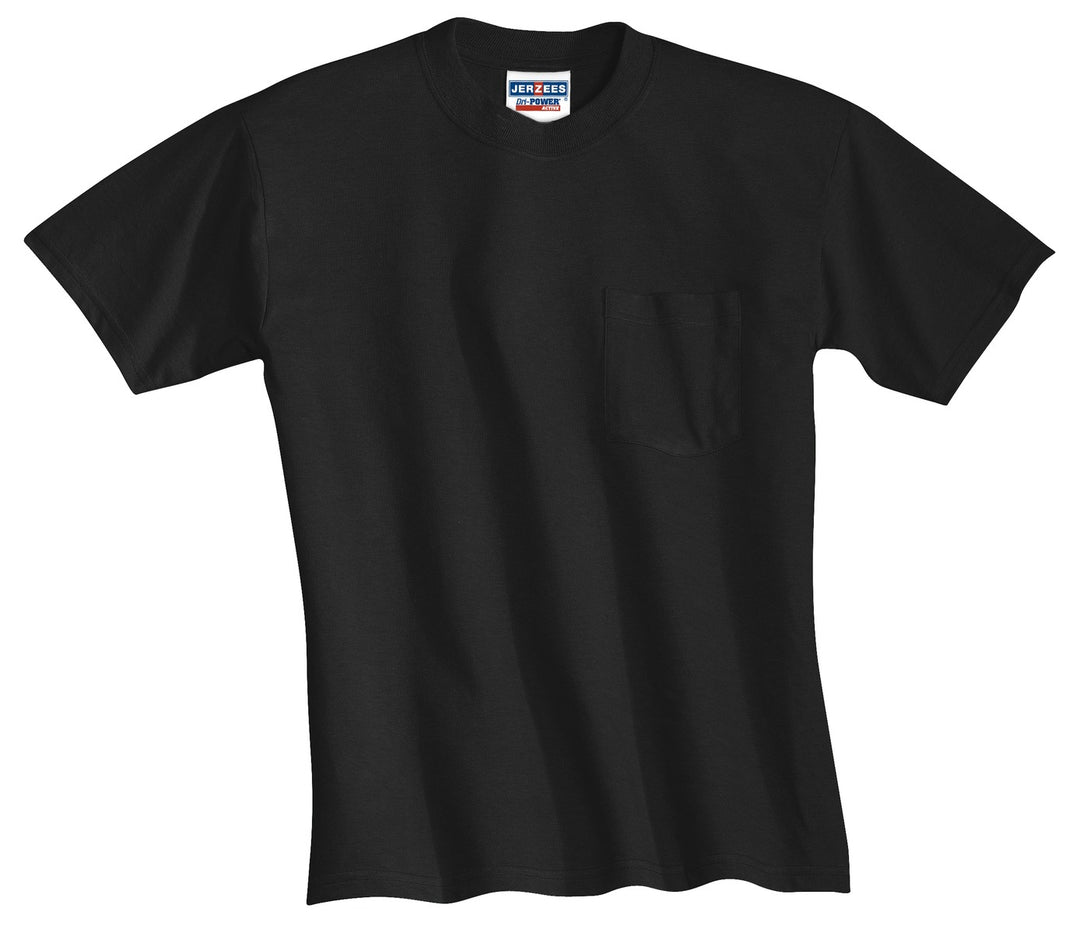 Front View of Black Jerzees - Dri-Power 50/50 Cotton/Poly Pocket T-Shirt. 29MP