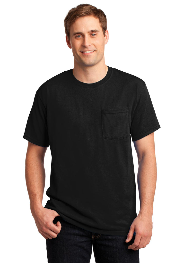 Front View of Black Jerzees - Dri-Power 50/50 Cotton/Poly Pocket T-Shirt. 29MP