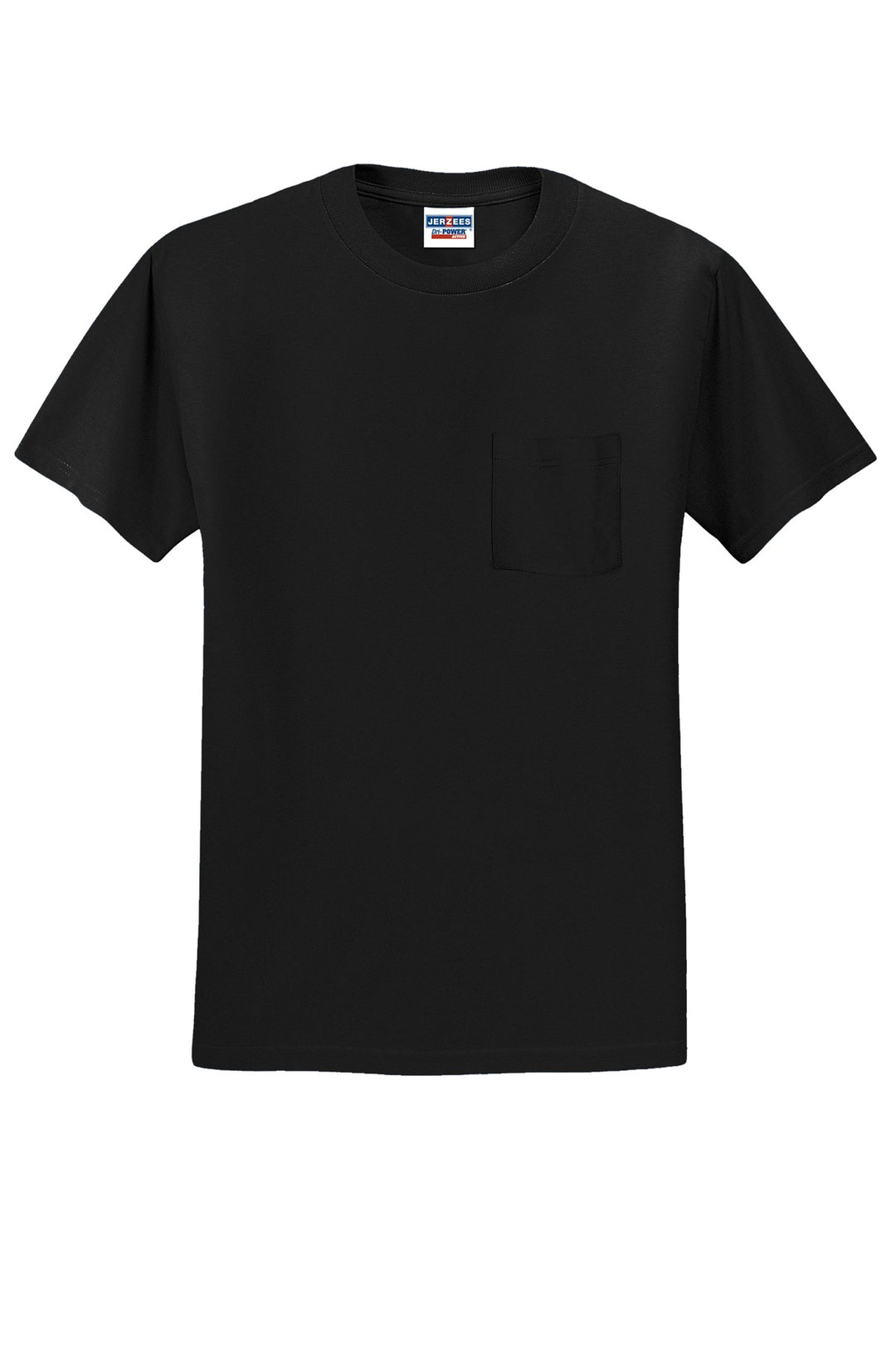 Front View of Black Jerzees - Dri-Power 50/50 Cotton/Poly Pocket T-Shirt. 29MP