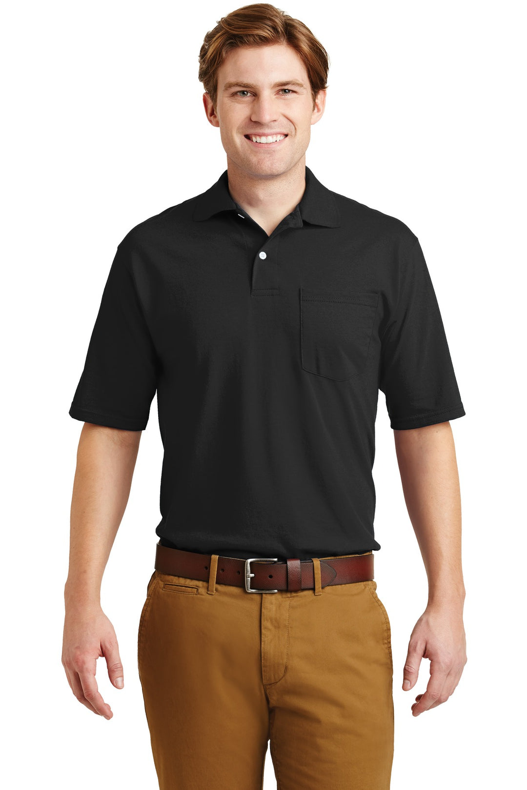 Front View of Black Jerzees Dri-Power Pocket Sport Shirt. 436MP