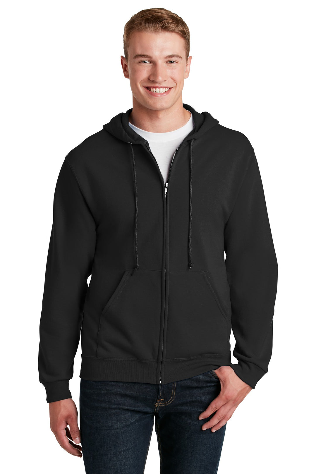 Front View of Black Jerzees - NuBlend Full-Zip Hooded Sweatshirt. 993M