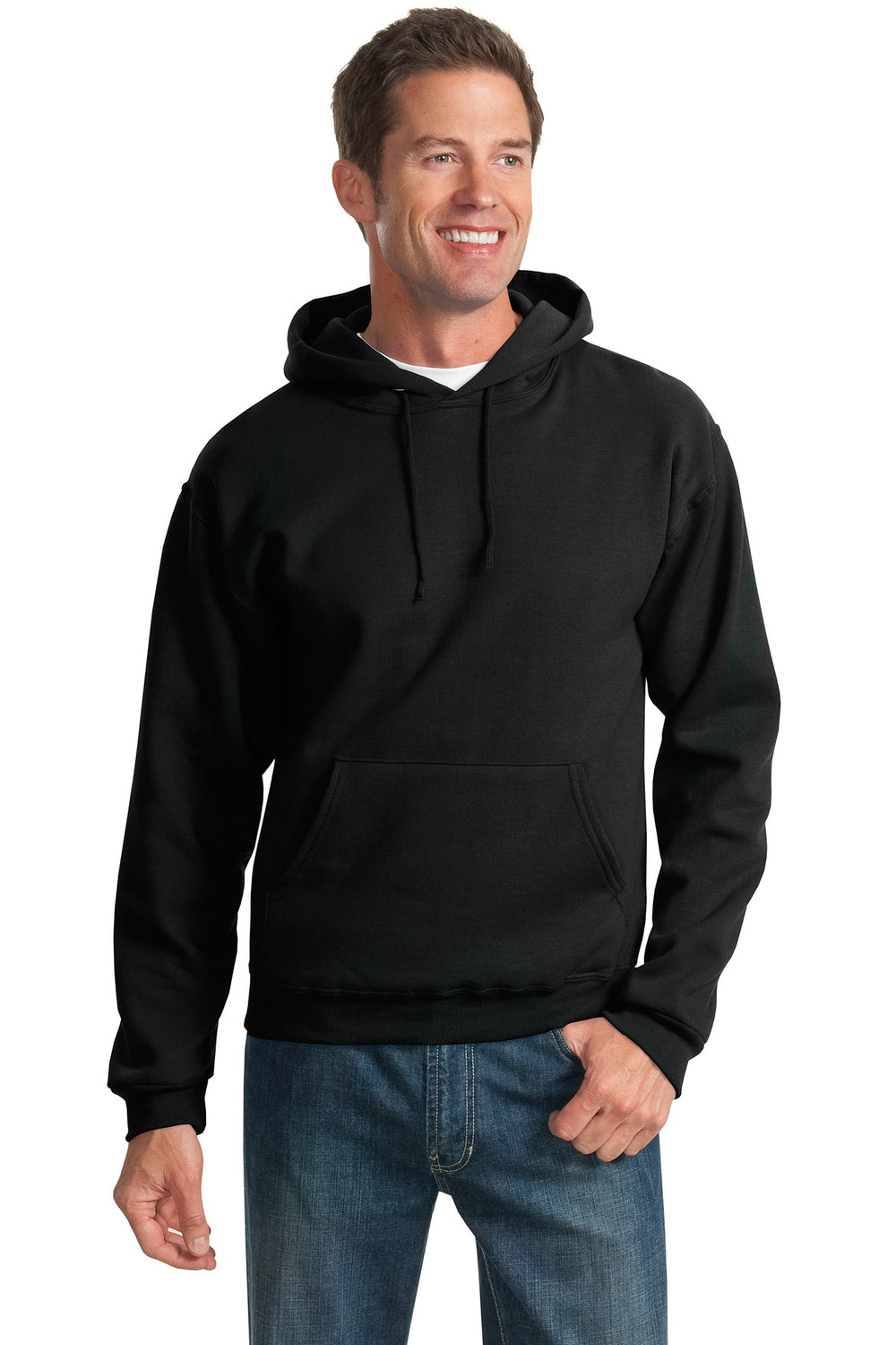 Front View of Black Jerzees NuBlend Pullover Hooded Sweatshirt. 996M