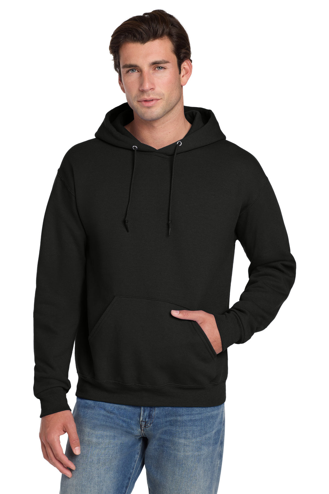 Front View of Black Jerzees Super Sweats NuBlend - Pullover Hooded Sweatshirt. 4997M
