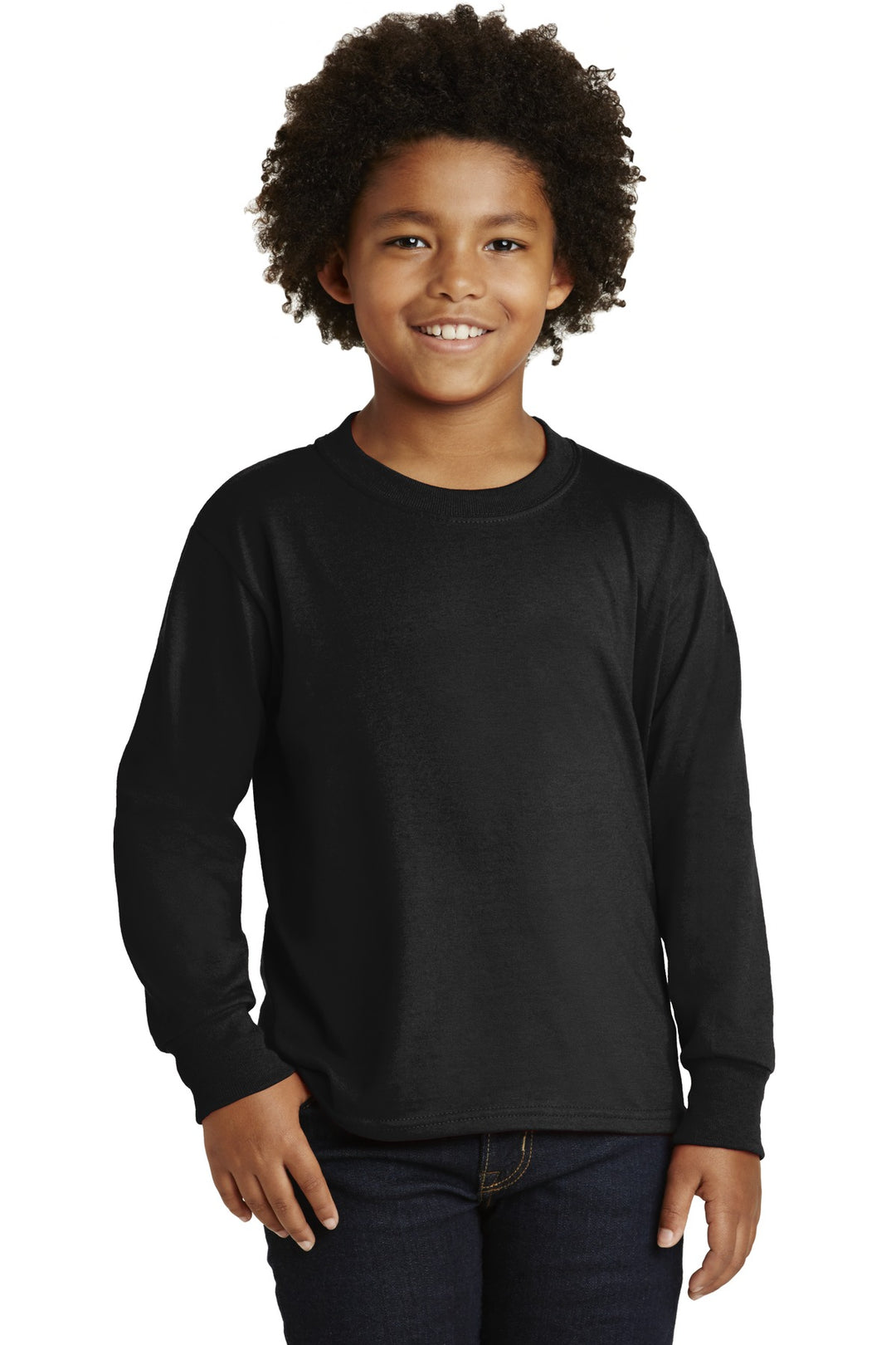 Front View of Black Jerzees Youth Dri-Power 50/50 Cotton/Poly Long Sleeve 29BL